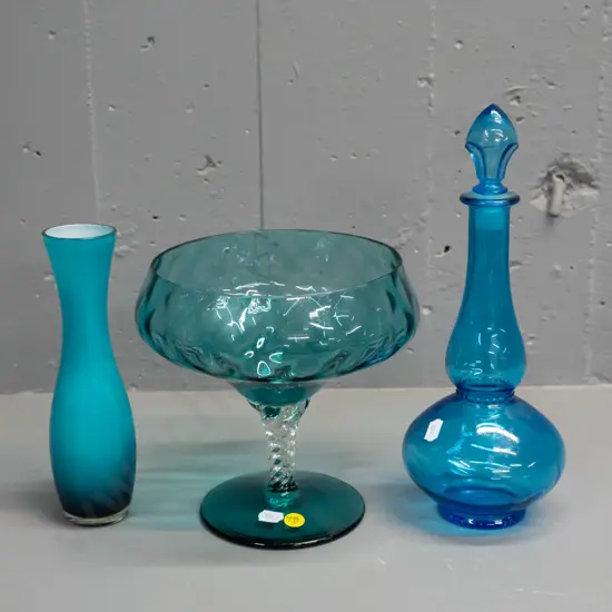 3 pieces of glass - aqua comport with twisted clear stem, small Belgian stoppered genie bottle H-290 and a small teal