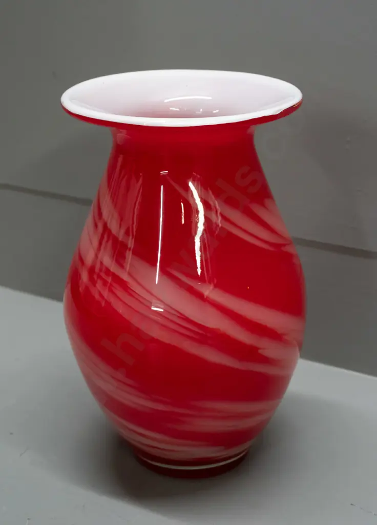 red art glass vase with white swirl and inner, has Oread label on base H-260 Top rim D-150 Image 1++
