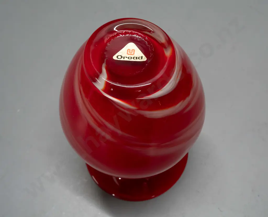 red art glass vase with white swirl and inner, has Oread label on base H-260 Top rim D-150 Image 1++