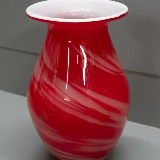 red art glass vase with white swirl and inner, has Oread label on base H-260 Top rim D-150