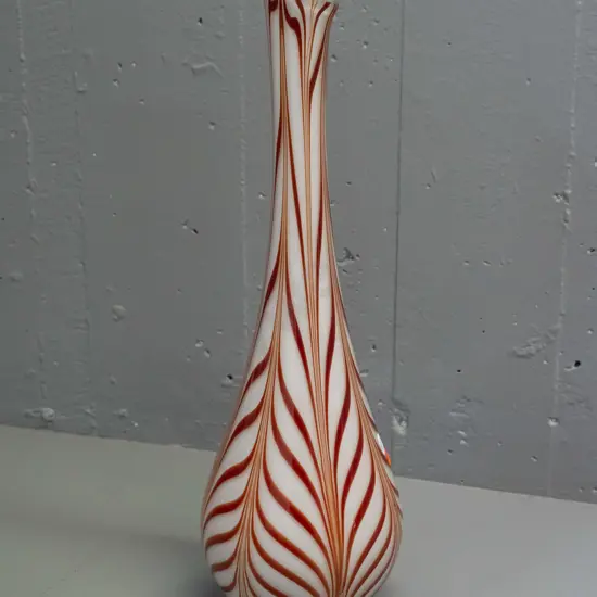 large art glass vase - white inside overlaid with swirled caramel brown, clear base H-490