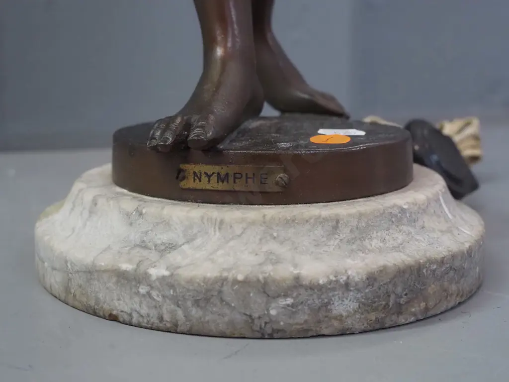 art nouveau style cast spelter figural table lamp on circular marble base, bronze patina finish, label w/ title "Nymphe" Image 1++