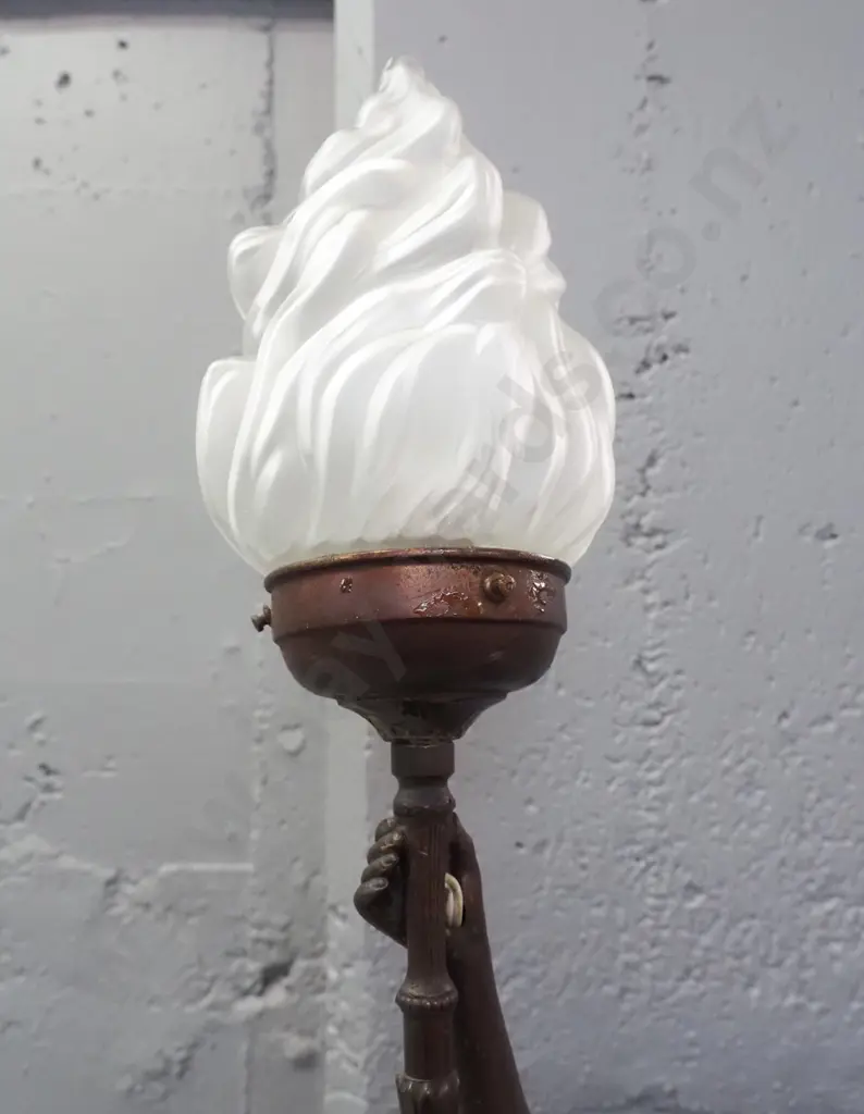 art nouveau style cast spelter figural table lamp on circular marble base, bronze patina finish, label w/ title "Nymphe" Image 1++