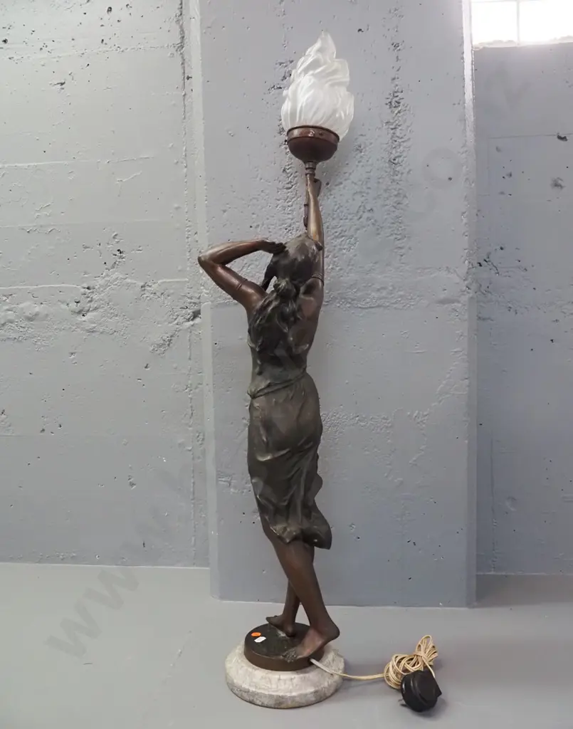 art nouveau style cast spelter figural table lamp on circular marble base, bronze patina finish, label w/ title "Nymphe" Image 1++