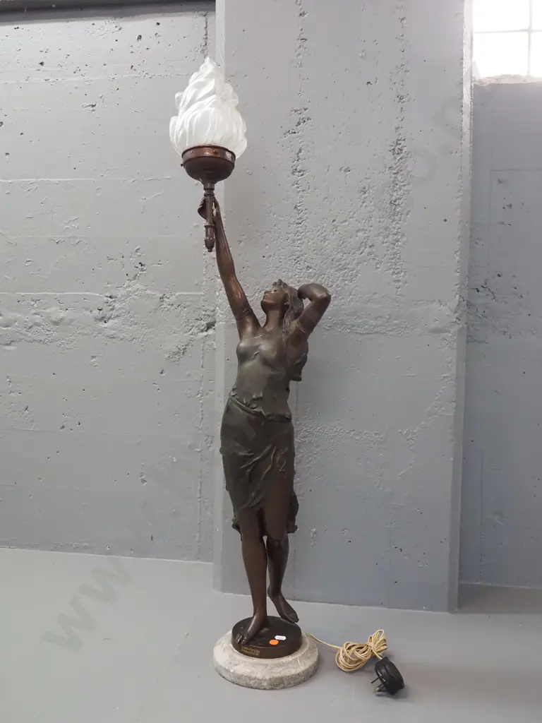 art nouveau style cast spelter figural table lamp on circular marble base, bronze patina finish, label w/ title "Nymphe" Image 1++
