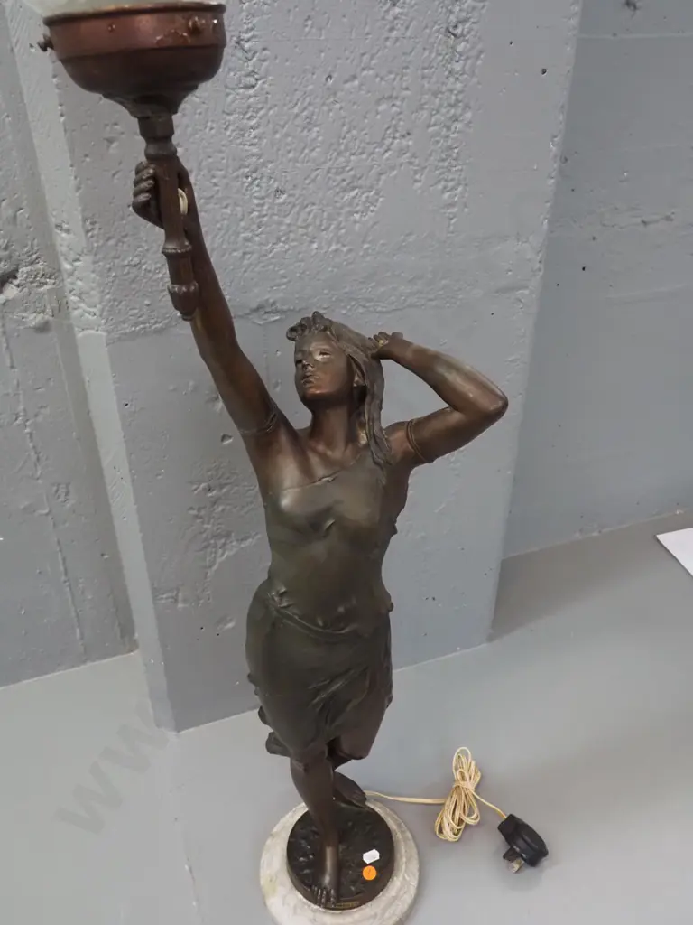 art nouveau style cast spelter figural table lamp on circular marble base, bronze patina finish, label w/ title "Nymphe" Image 1++