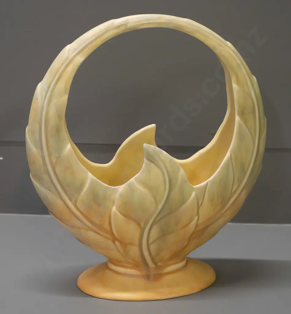 Beswick hoop shaped basket vase in mottled pale green and yellow H-300 W-260 Image 1++