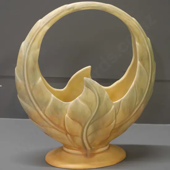 Beswick hoop shaped basket vase in mottled pale green and yellow H-300 W-260