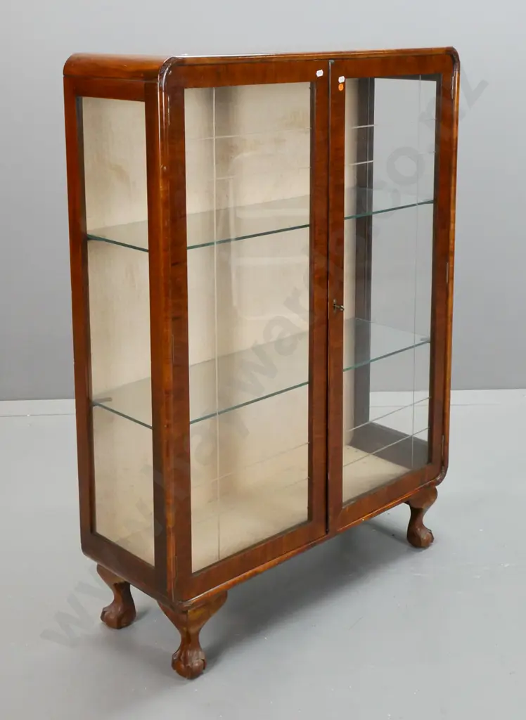 walnut art deco cab-leg 2-door display cabinet with glazed sides, door glass has cut lineal pattern, on ball and claw Image 1++