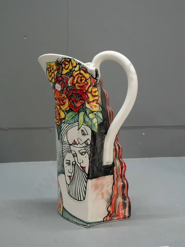 Louise Rive / Edge City NZ studio pottery hand painted tall jug - female head and roses H-340 W-200 handle to spout Image 1++