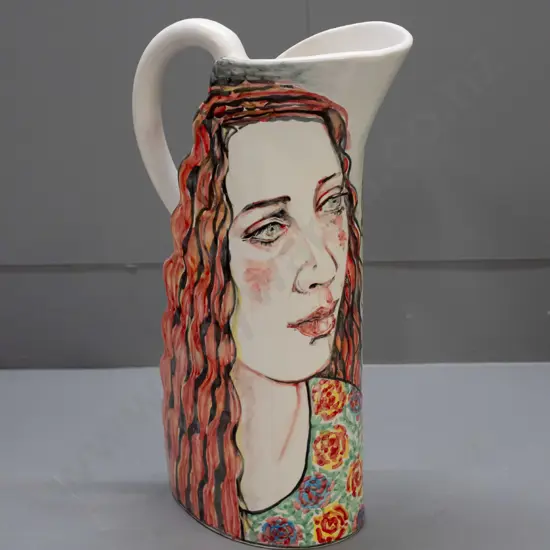 Louise Rive / Edge City NZ studio pottery hand painted tall jug - female head and roses H-340 W-200 handle to spout