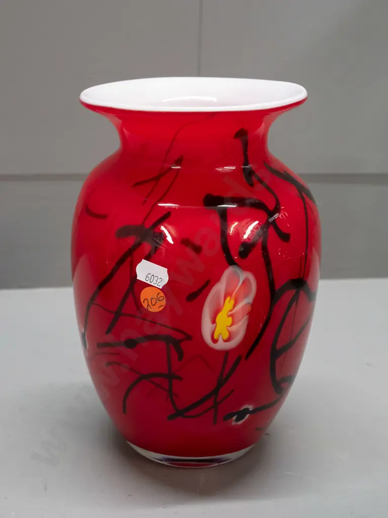 art glass vase - red over white interior, dark lines with flower shaped cane accents H-230 Image 1++