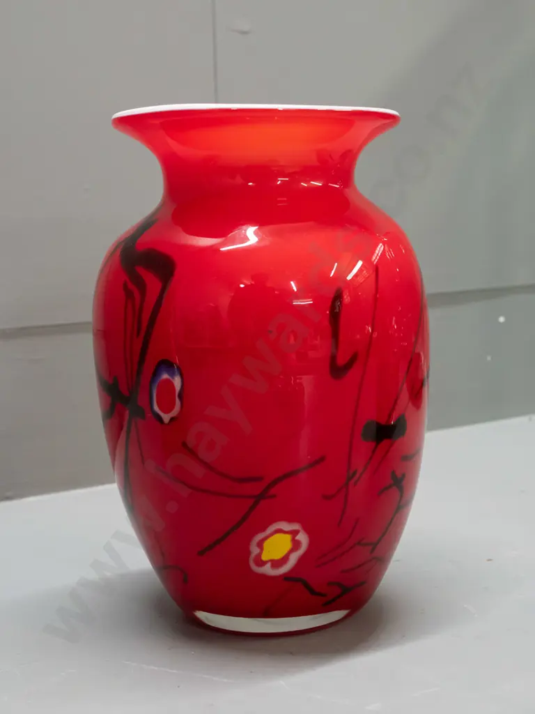 art glass vase - red over white interior, dark lines with flower shaped cane accents H-230 Image 1++