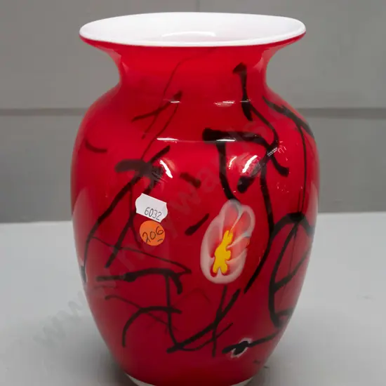 art glass vase - red over white interior, dark lines with flower shaped cane accents H-230