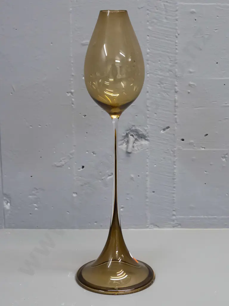 Orrefors Nils Landgren elongated tulip shape glass vase - smoked green tone, marked Orrefors Expo 312-57. H-430 D-130 at Image 1++