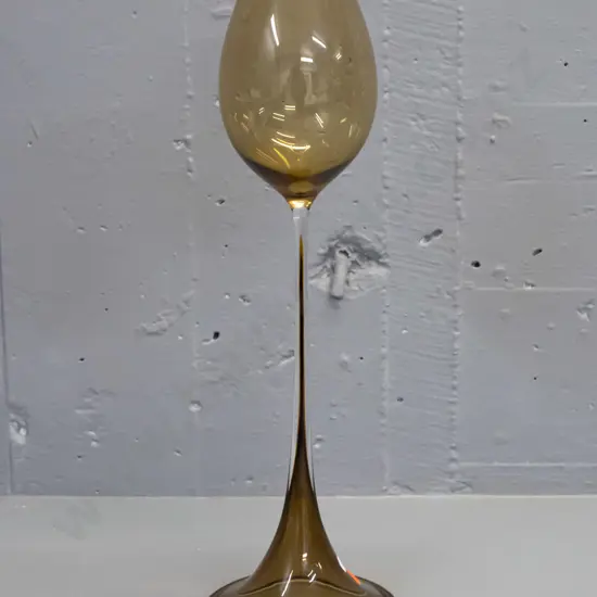 Orrefors Nils Landgren elongated tulip shape glass vase - smoked green tone, marked Orrefors Expo 312-57. H-430 D-130 at