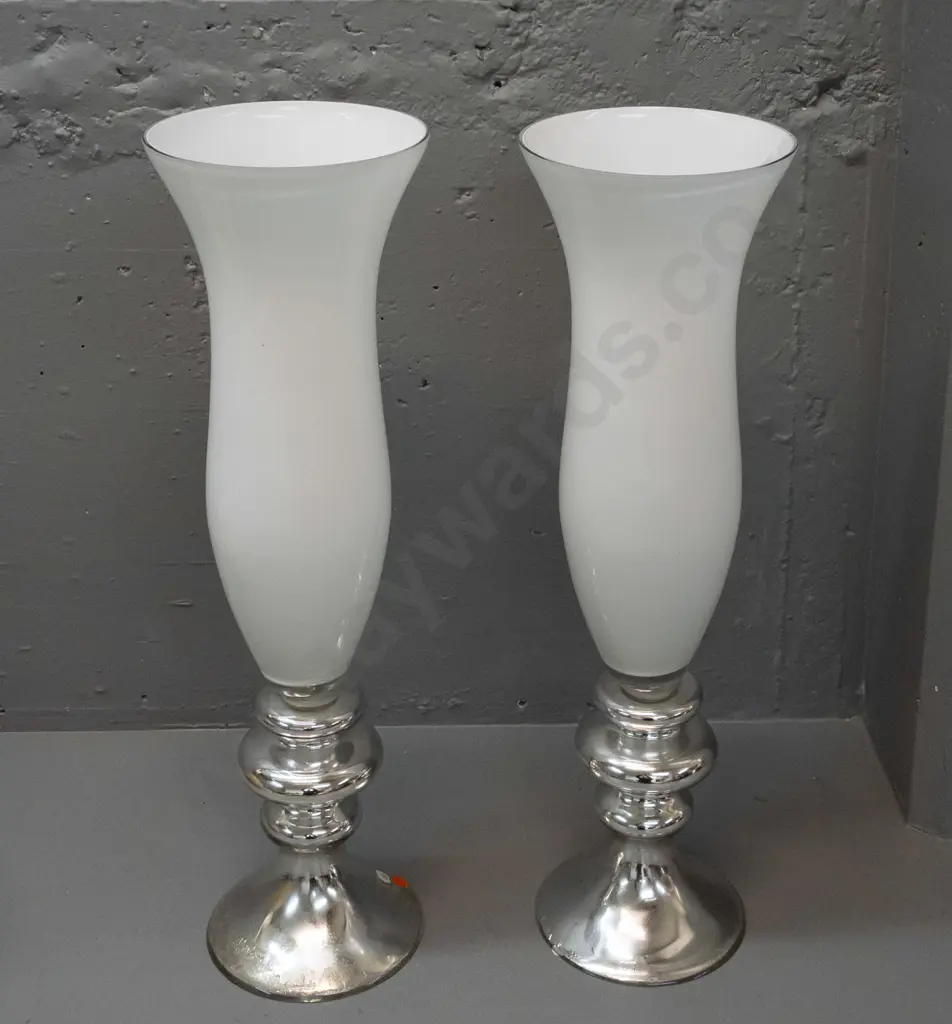 pair of large glass vases - white with silvered bases. Both have some loss and crazing to silvering H-600 D-180 Image 1++