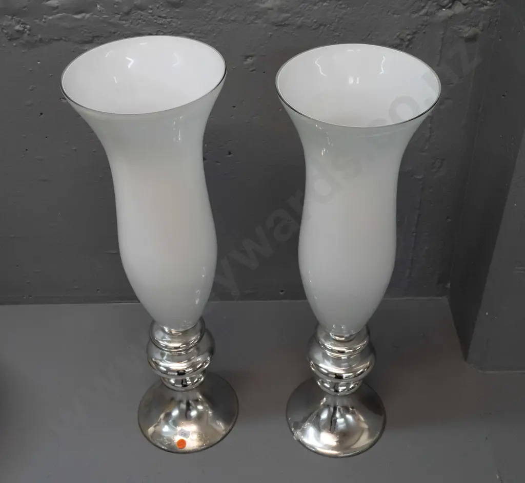 pair of large glass vases - white with silvered bases. Both have some loss and crazing to silvering H-600 D-180 Image 1++