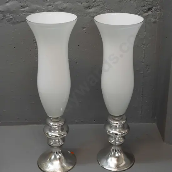 pair of large glass vases - white with silvered bases. Both have some loss and crazing to silvering H-600 D-180