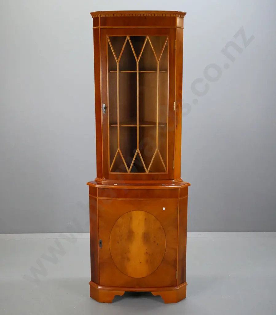 reproduction hepplewhite freestanding corner cupboard astral glazed in yew wood. Image 1++