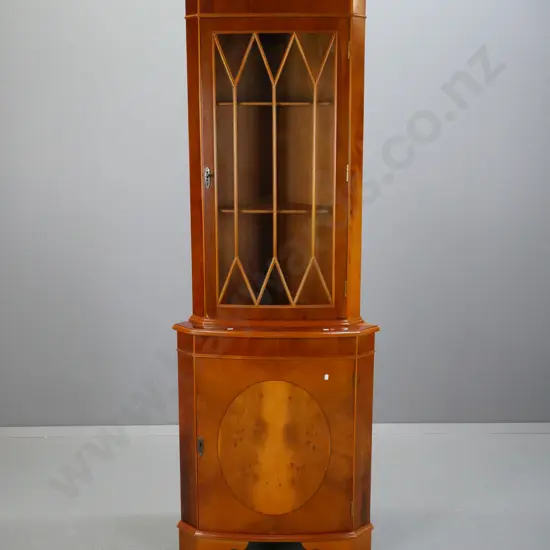 reproduction hepplewhite freestanding corner cupboard astral glazed in yew wood.