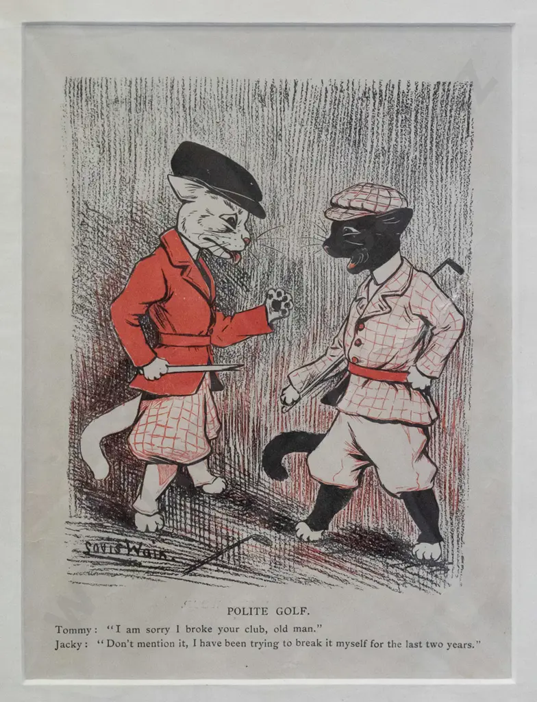 Louis Wain cat print - from 1905 annual - golfing cats. Board is H-300 W-255 Image 1++