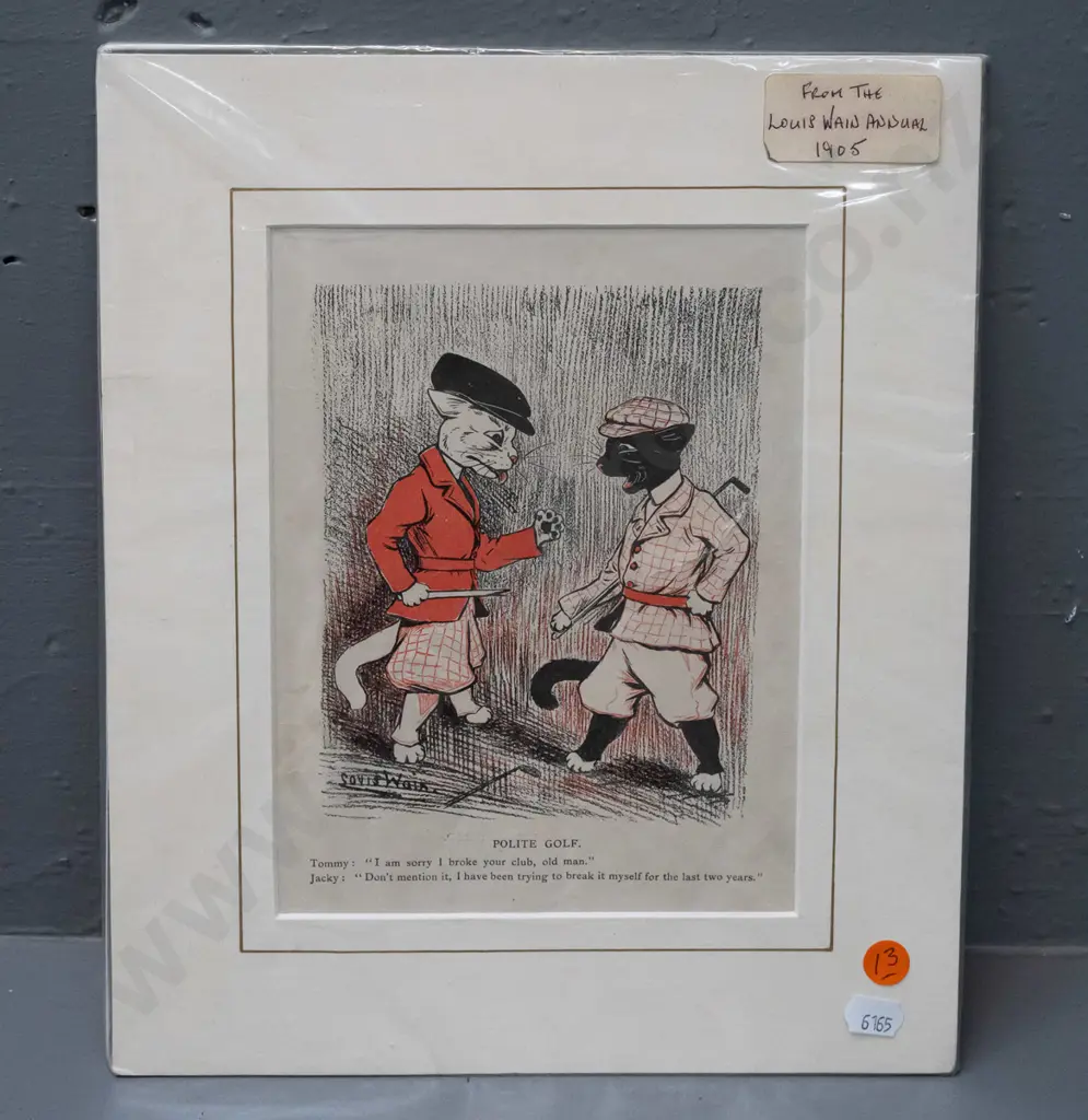 Louis Wain cat print - from 1905 annual - golfing cats. Board is H-300 W-255 Image 1++