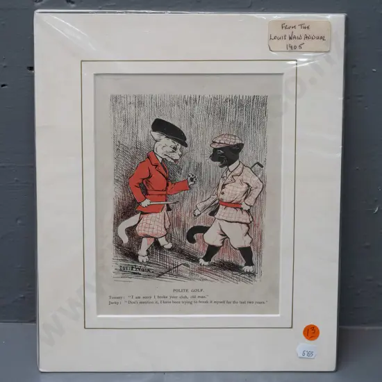 Louis Wain cat print - from 1905 annual - golfing cats. Board is H-300 W-255