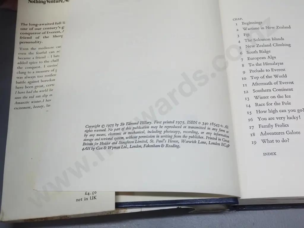 book signed by Edmund Hillary - autobiography "Nothing Venture, Nothing Win" - some marks, tears to just jacket, etc. Image 1++