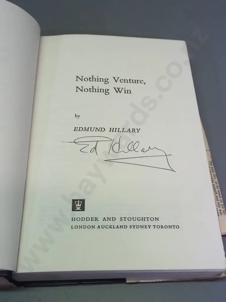 book signed by Edmund Hillary - autobiography "Nothing Venture, Nothing Win" - some marks, tears to just jacket, etc. Image 1++