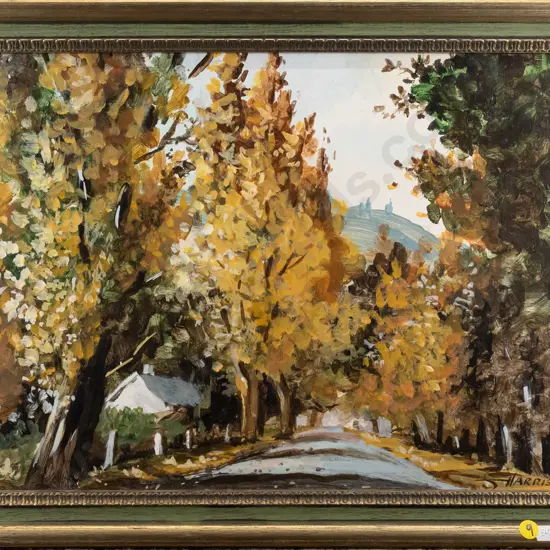 Seth Harris - framed oil - trees into Arrowtown H330 W440