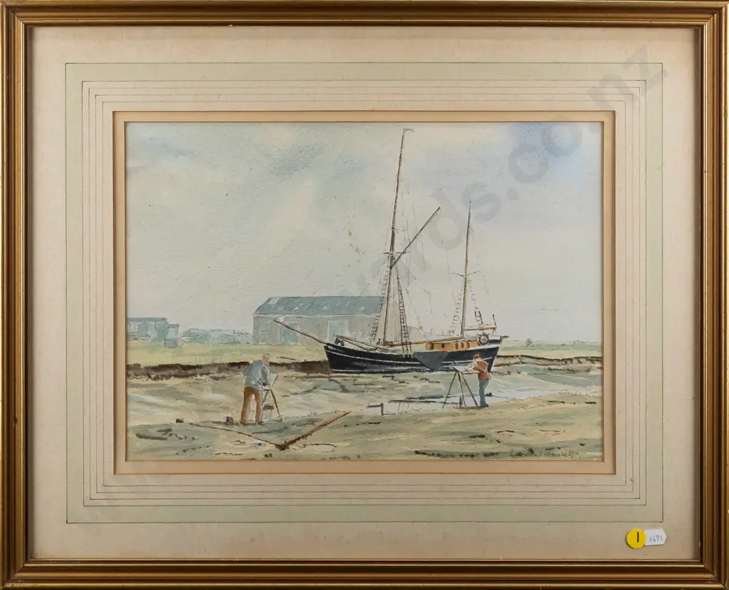 Desmond Wimsett - framed ink and watercolour - artists at river H250 W340 (slight aging, staining to mat) Image 1++