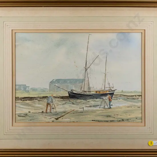 Desmond Wimsett - framed ink and watercolour - artists at river H250 W340 (slight aging, staining to mat)