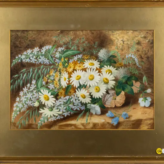 J Clapham - framed watercolour - flowers H250 W350 (frame needs attention)