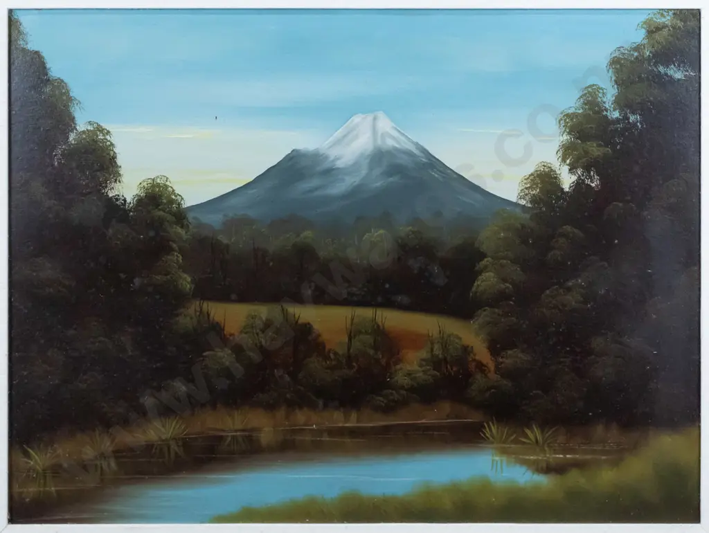 unsigned framed oil on board - lake and mountain scene H430 W580 Image 1++