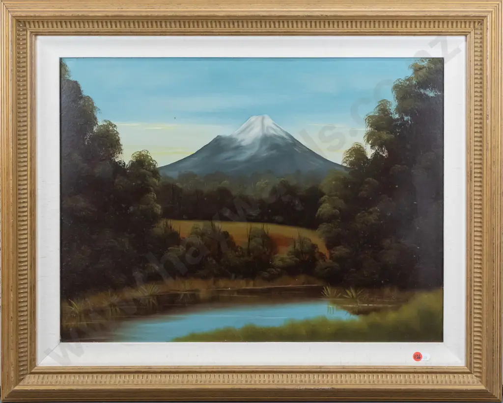 unsigned framed oil on board - lake and mountain scene H430 W580 Image 1++