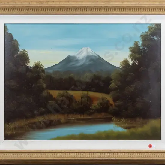 unsigned framed oil on board - lake and mountain scene H430 W580