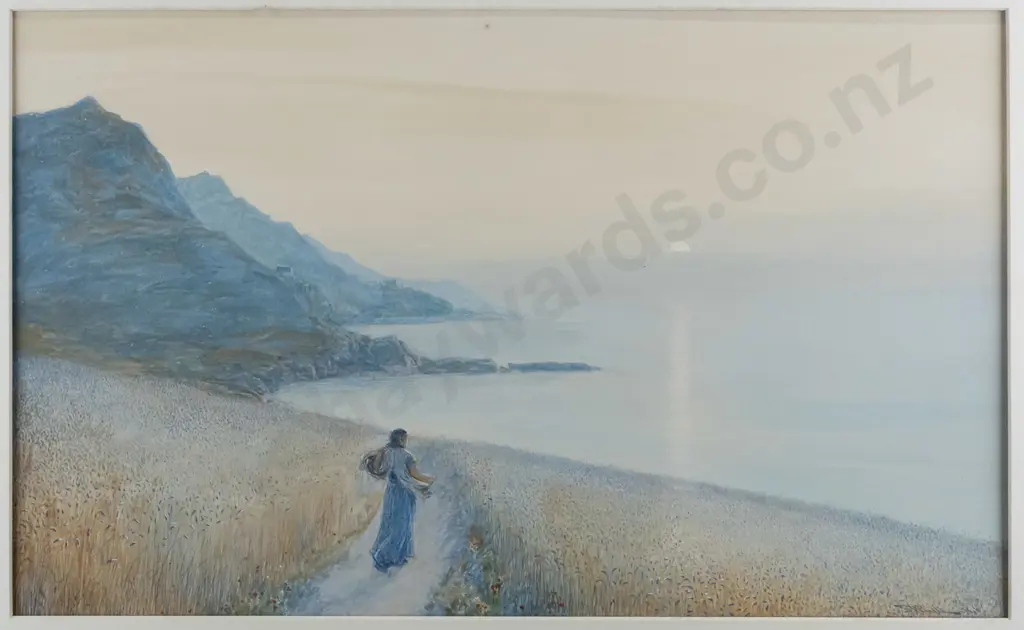 illegible signature -framed watercolour - woman walking down path H280 W450 (very slight foxing) Image 1++