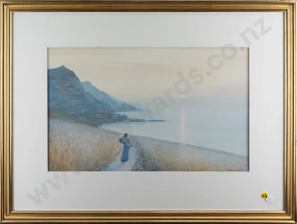 illegible signature -framed watercolour - woman walking down path H280 W450 (very slight foxing) Image 1++