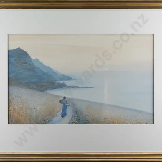 illegible signature -framed watercolour - woman walking down path H280 W450 (very slight foxing)