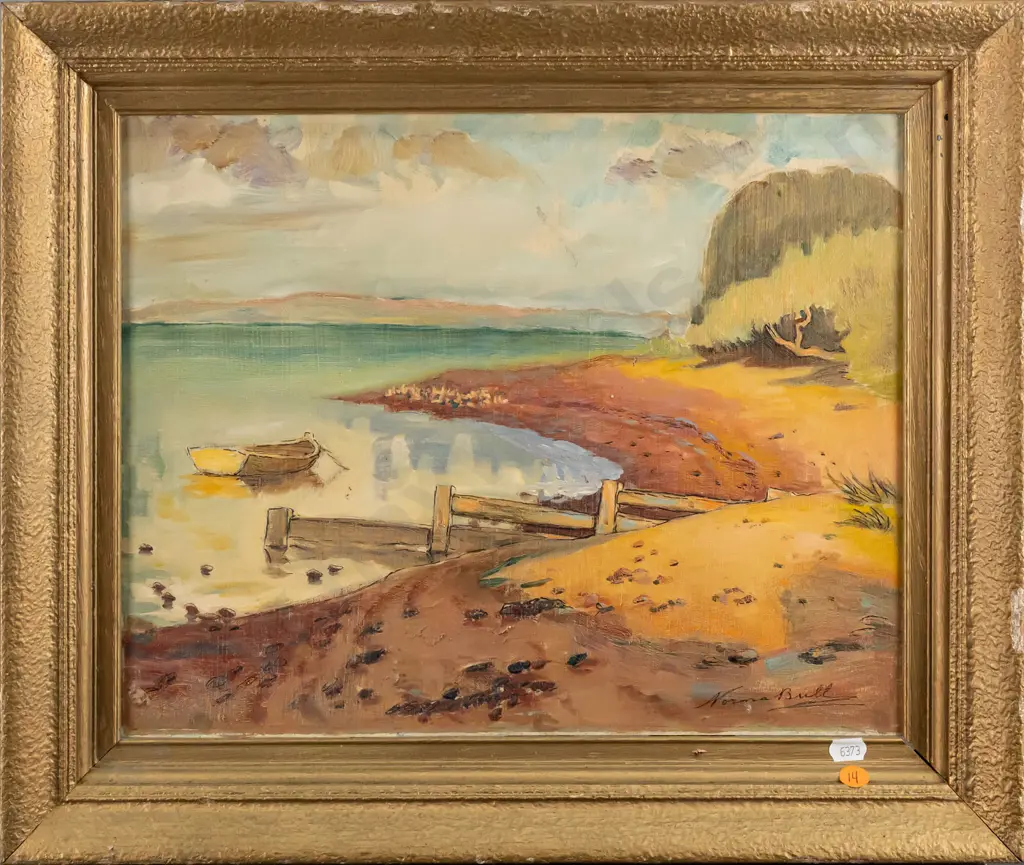 Norma Bull - gilt framed oil and watercolour - dinghy in bay H300 W370 9some damage to frame) Image 1++