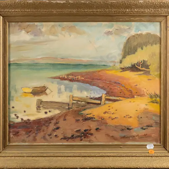 Norma Bull - gilt framed oil and watercolour - dinghy in bay H300 W370 9some damage to frame)