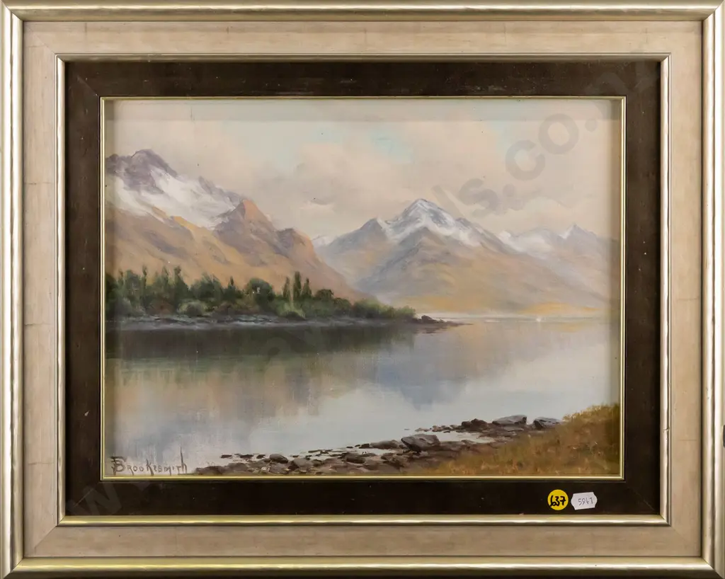 F Brookesmith - framed oil on board - lake & mountain scene H260 W360 Image 1++