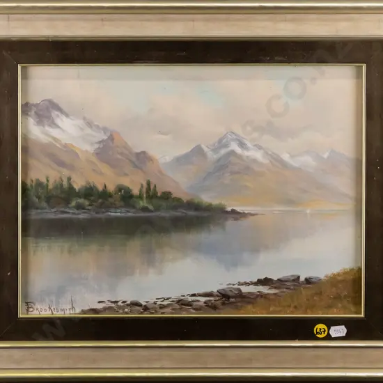 F Brookesmith - framed oil on board - lake & mountain scene H260 W360