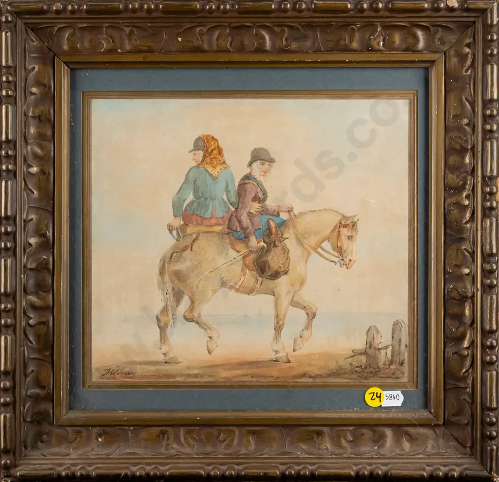 illegible signature - framed watercolour - people on horseback H210 W230 Image 1++