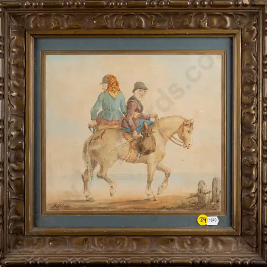 illegible signature - framed watercolour - people on horseback H210 W230