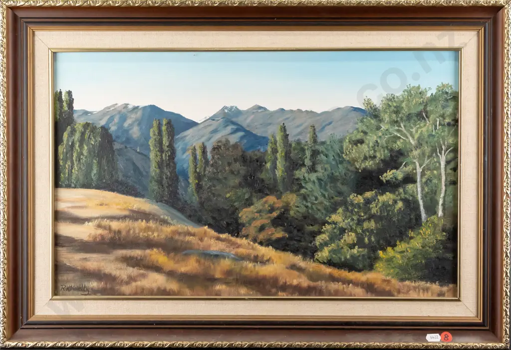 RK Keelty 1984 - framed oil on board "A Wooded Slope Lake Hayes District" H300 W500 Image 1++