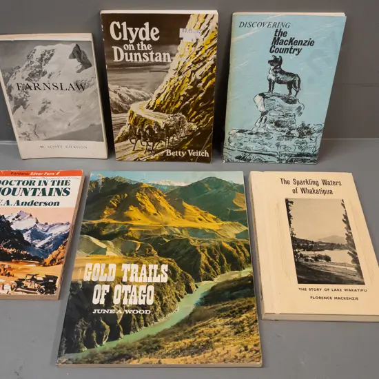 6 local history publications - Gold Trails of Otago, Sparkling Waters of Whakatipu, Clyde, Earnslaw etc. - some wear and