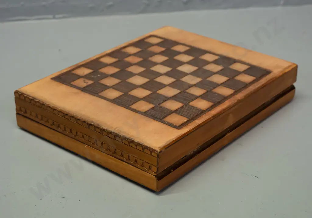 carved wooden souvenir games set with chess pieces - top marked with inlaid metal & wood - eagle and olympic logo, Image 1++