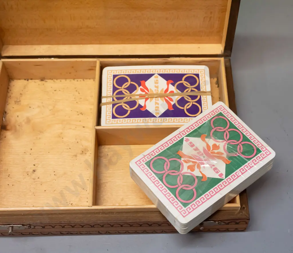carved wooden souvenir games set with chess pieces - top marked with inlaid metal & wood - eagle and olympic logo, Image 1++